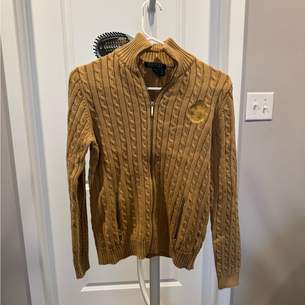 Ralph Lauren Men's Brown Cable Knit Zip-Up Sweater